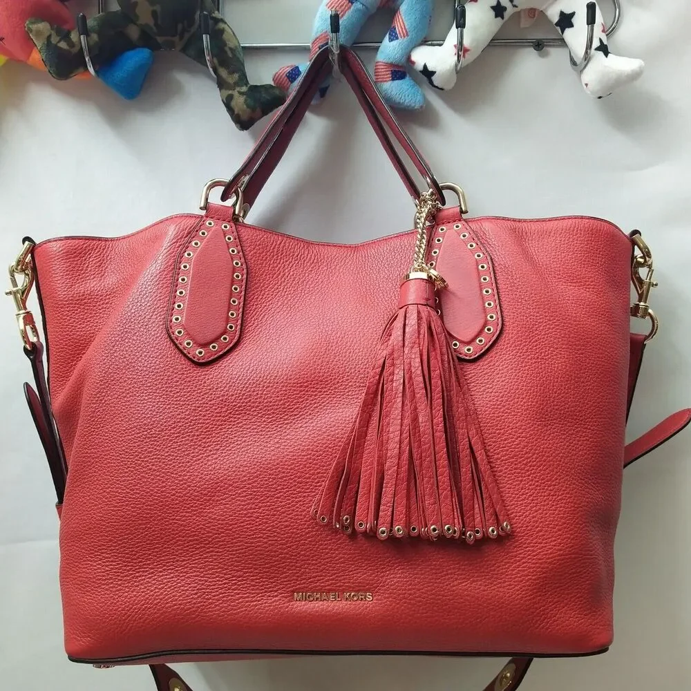 Michael Kors Brooklyn Red Leather Tassel Double Handle Satchel Shoulder Bag